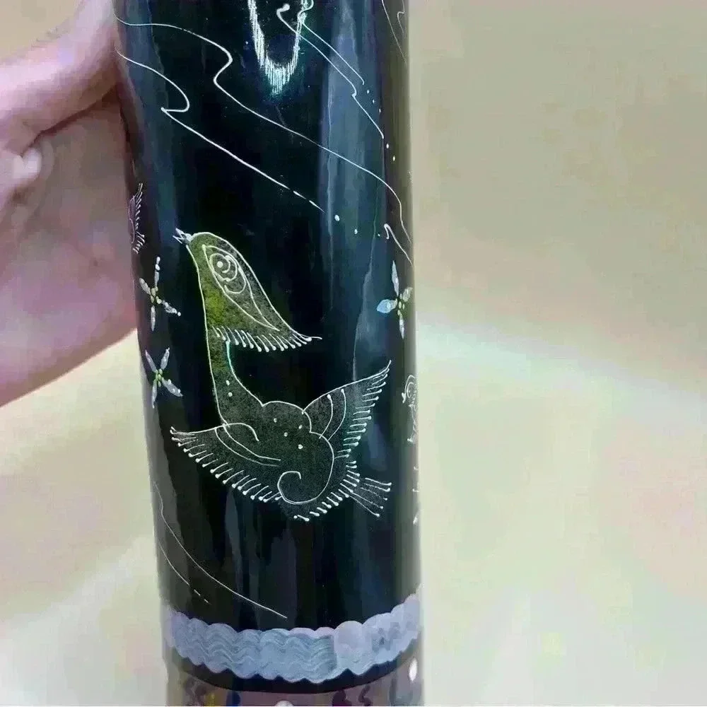 Wooden Hand Painted Black Tube Vase 10” Tall Brids Fine Craft Decor